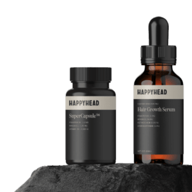 Happy Head formula bottle of topical Finasteride for hair loss and hair growth