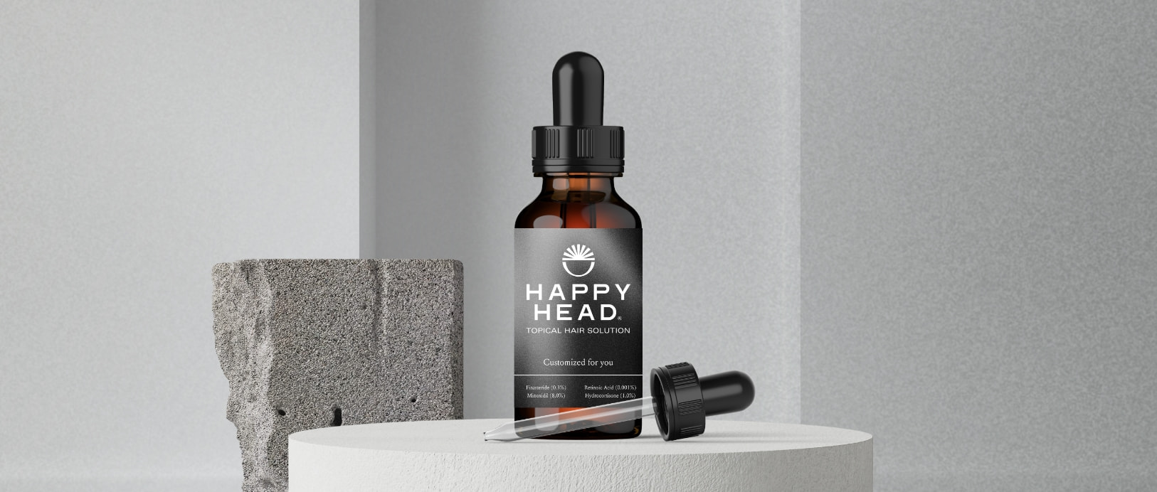 Happy Head formula bottle of topical Finasteride for hair loss and hair growth